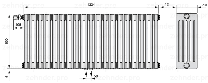 Схема (чертеж) Радиатор Zehnder Charleston 6090/29 №V007 Белый глянцевый RAL 9016